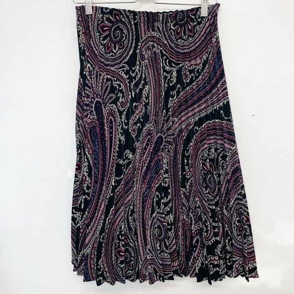 Vintage Pleated Midi Skirt Medium  Elastic Waist Purple Black Geometric Boho - Picture 1 of 8